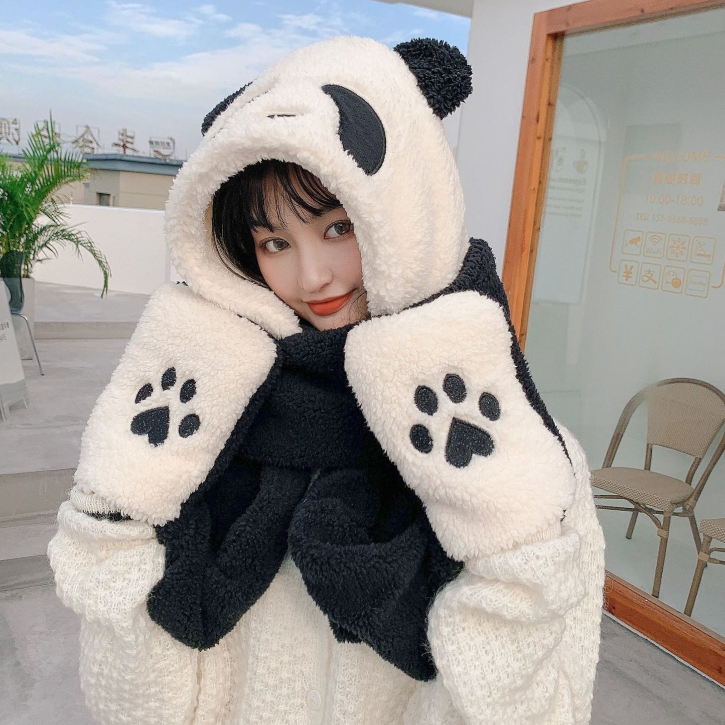 Plush Panda Hat Scarf Gloves 3 In 1
