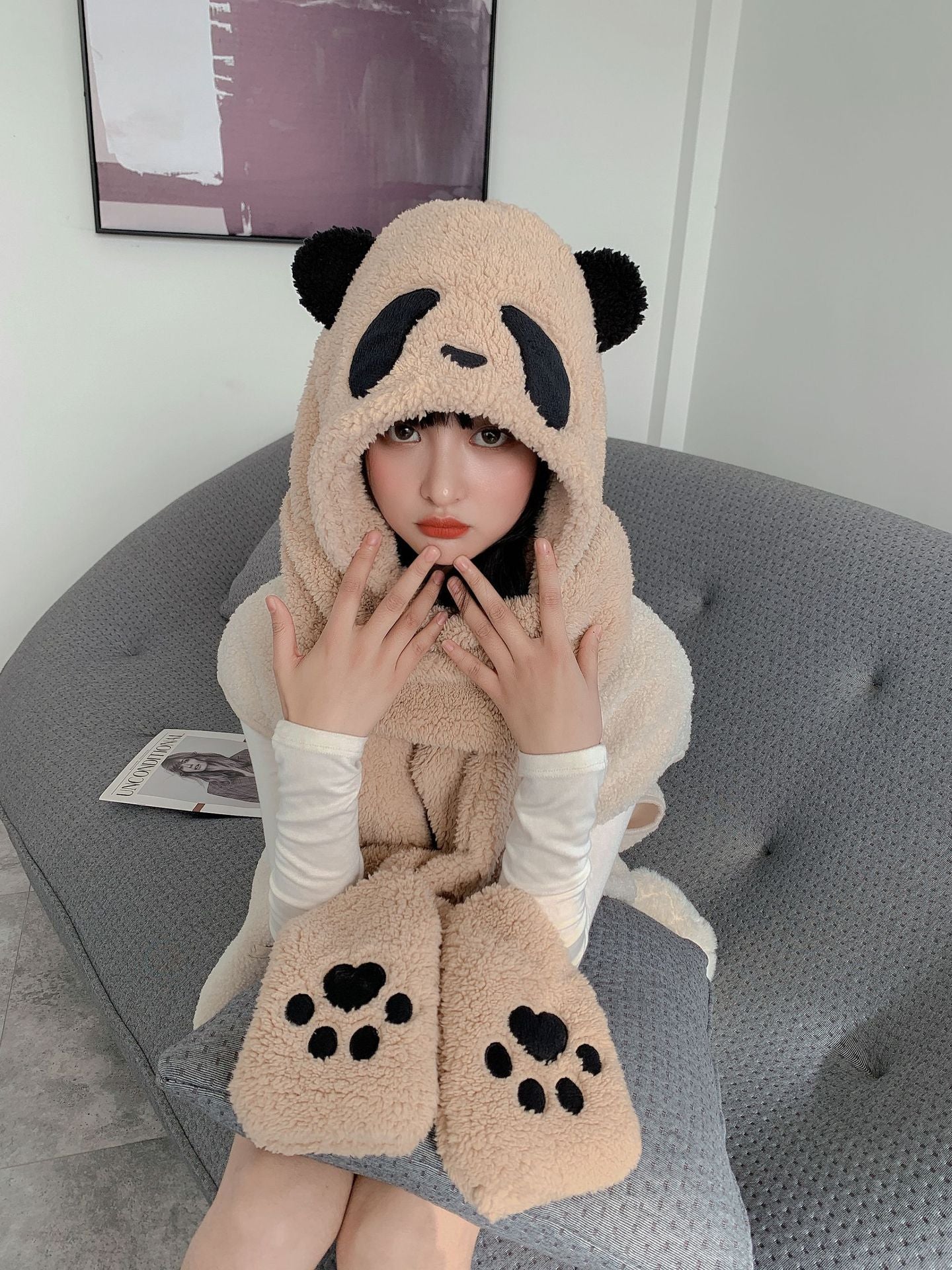 Plush Panda Hat Scarf Gloves 3 In 1
