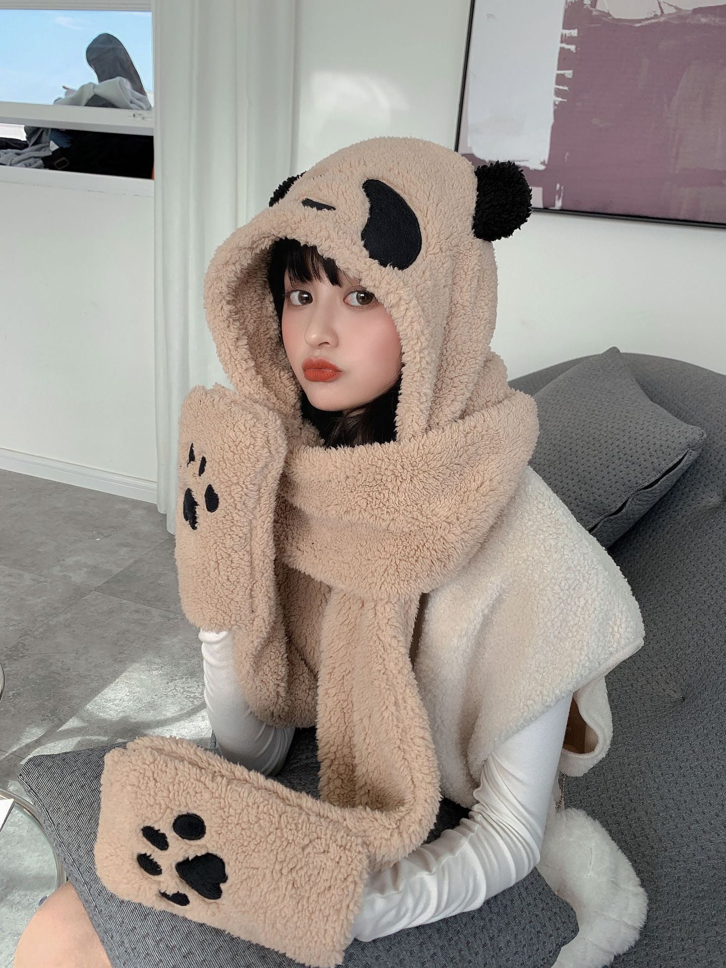 Plush Panda Hat Scarf Gloves 3 In 1