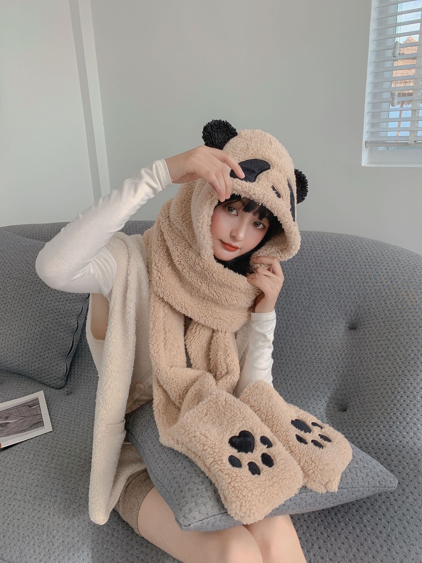 Plush Panda Hat Scarf Gloves 3 In 1