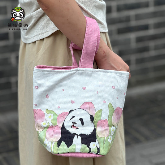 Cartoon Panda Bucket Bag With Pink Tulip