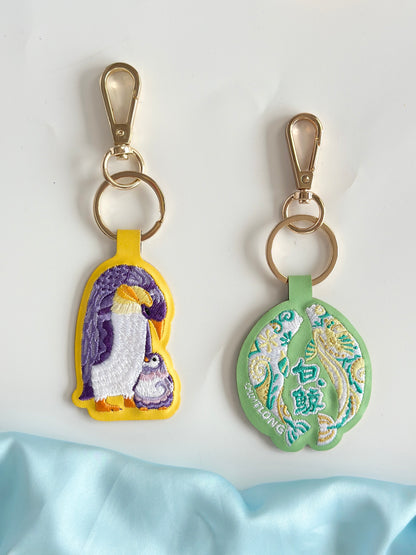 White Whale & Penguin Embroidered Keychain